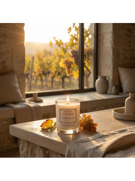 Vendanges au Soleil, une bougie aux accents de raisin et d’immortelle inspirée des vendanges d’automne.