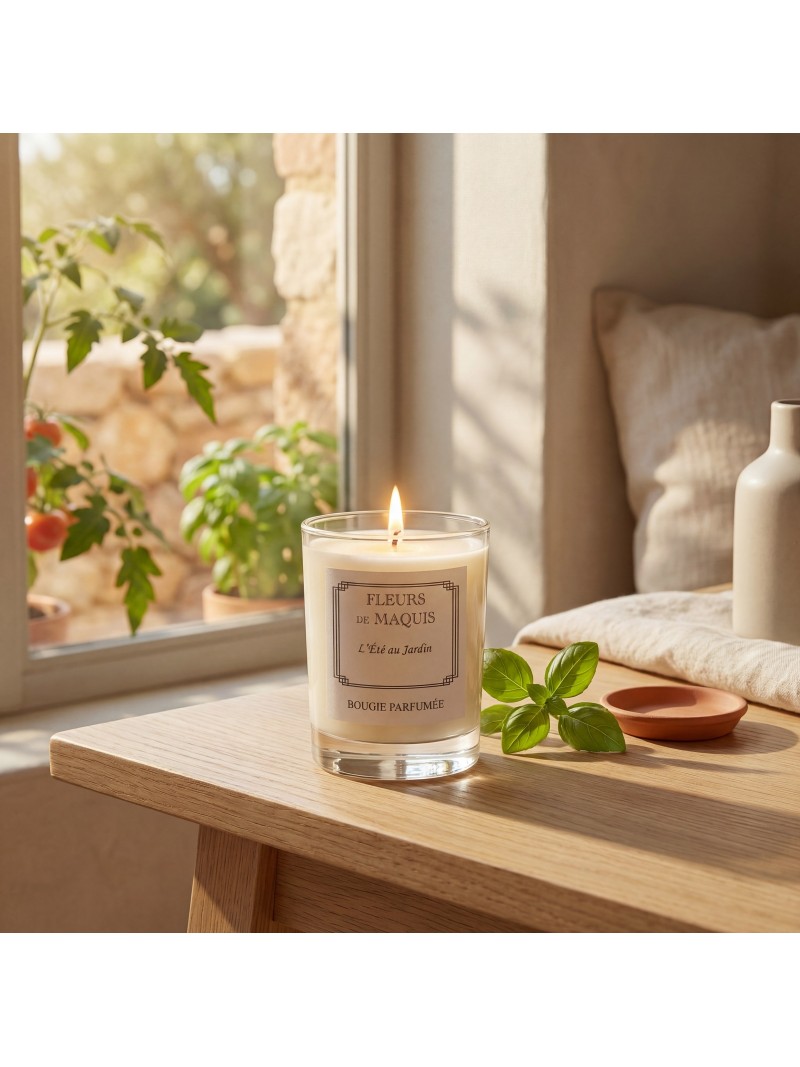 L’Été au Jardin, une bougie fraîche aux notes de feuille de tomate et de basilic.