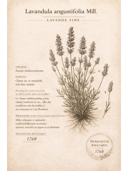 Lavande fine, une planche d’herbier évoquant une fleur méditerranéenne aux accents calmes et raffinés.