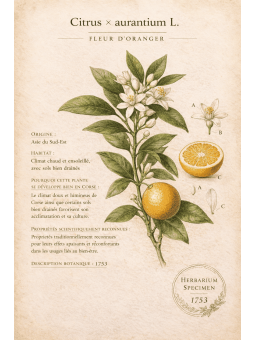 Fleur d’oranger, une planche d’herbier illustrant une fleur délicate aux accents doux et lumineux.