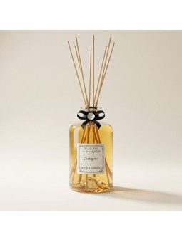 Diffuseur d'ambiance 3L Fleurs de Maquis détail flacon verre, bâtonnets rotin, nœud nacre cousu main
